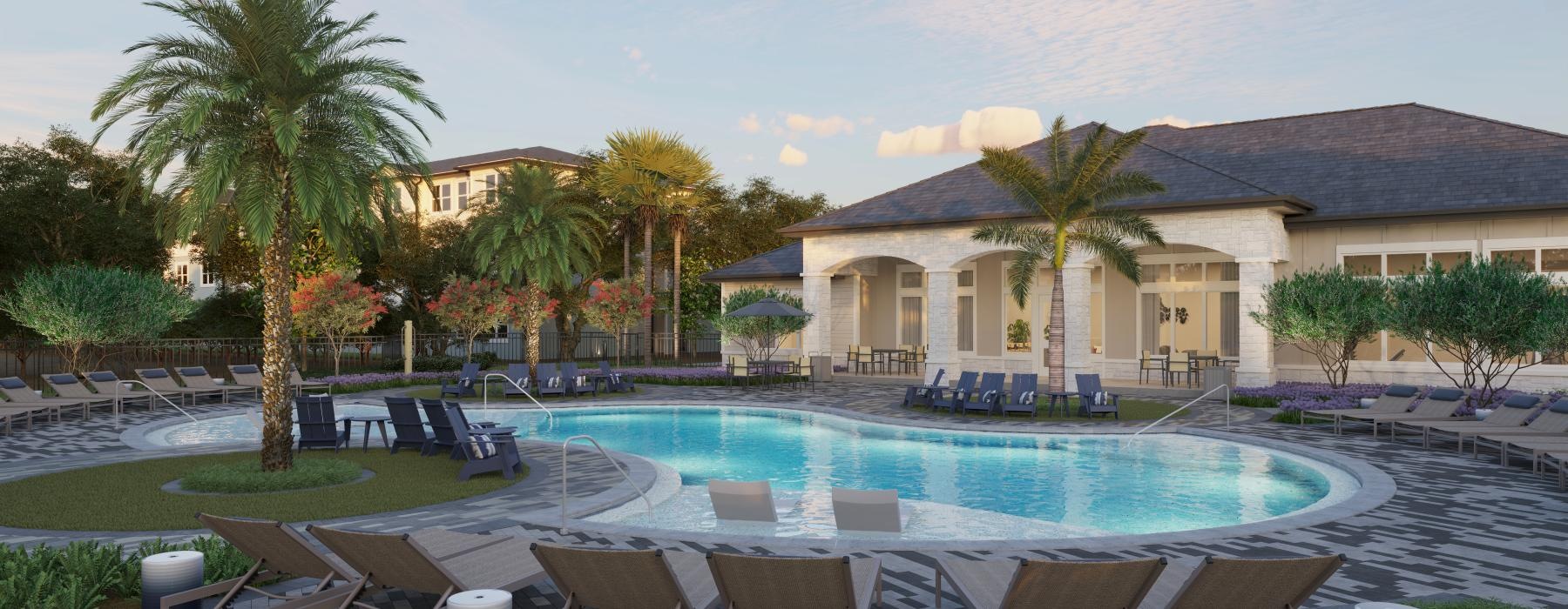 a pool with chairs around it