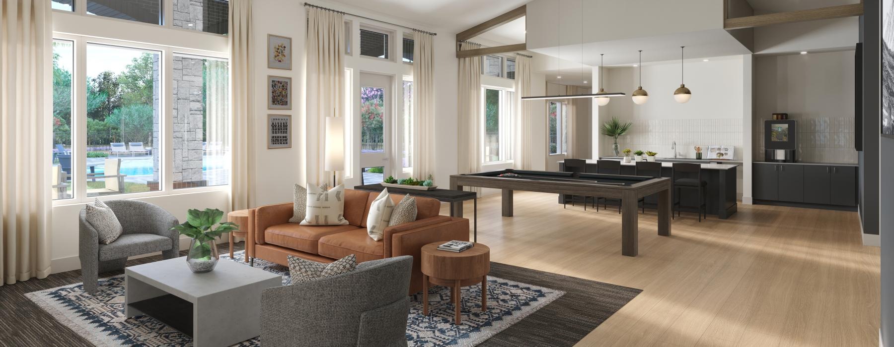 a living room with a piano and couches