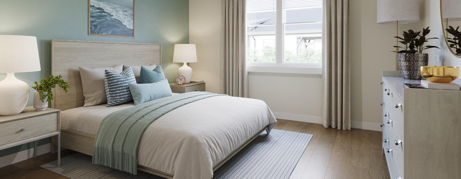 a bedroom with a large window